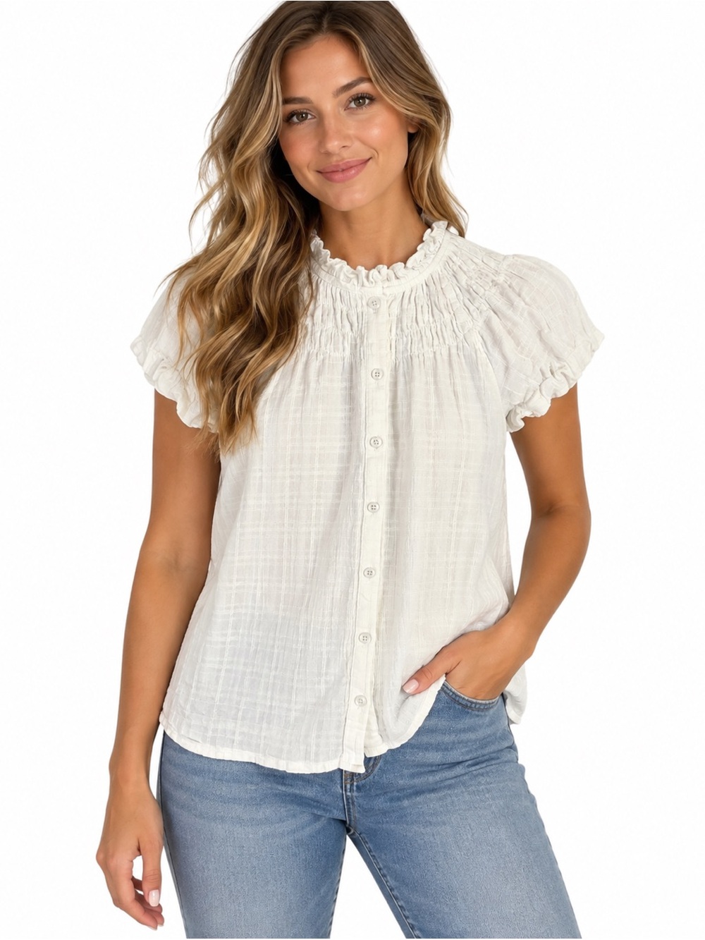 J. Crew White Ruffled Smocked Yoke Button-Up Blouse
